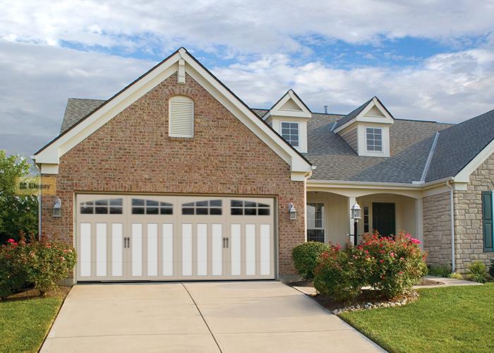 Overlay Garage Doors - white and tan with windows