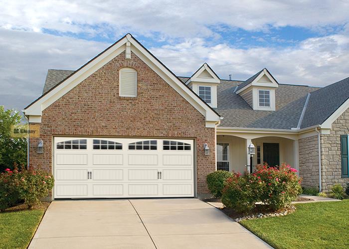 Double garage door with arched windows