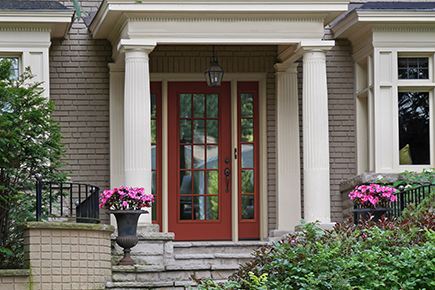 Red front door with windows